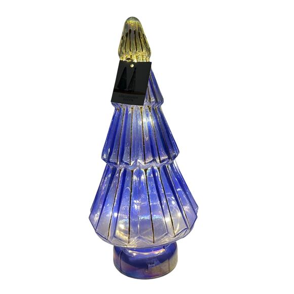 Illuminated Glass Christmas Tree 13.25in Blue & Gold Chic LED Holiday Decor New - Picture 11 of 15